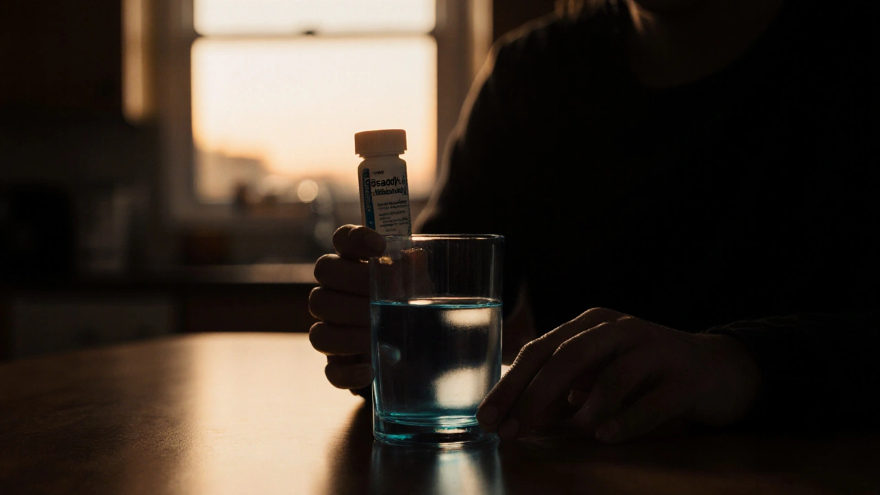 Abendroutine: Person nimmt halbe Tablette mit Glas Wasser in heller Küche.