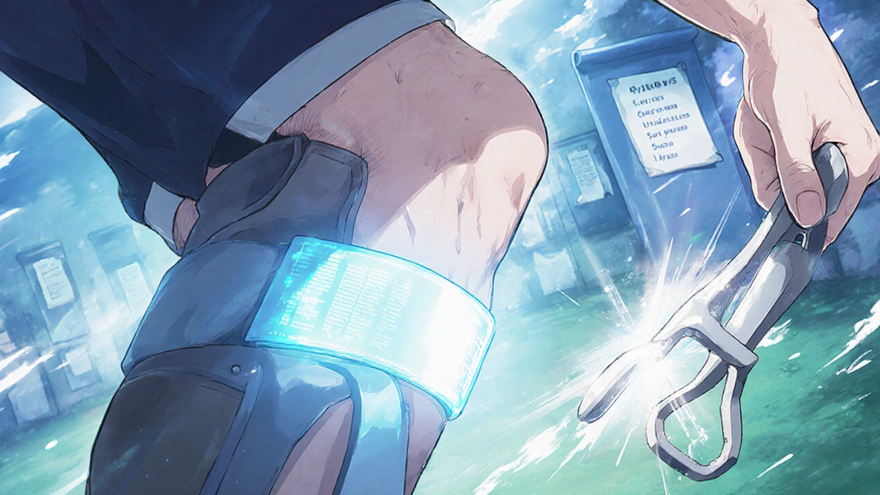 Älterer Patient macht angepasste Übungen mit leuchtenden Hilfsmitteln in einer fantastischen Trainingsumgebung.