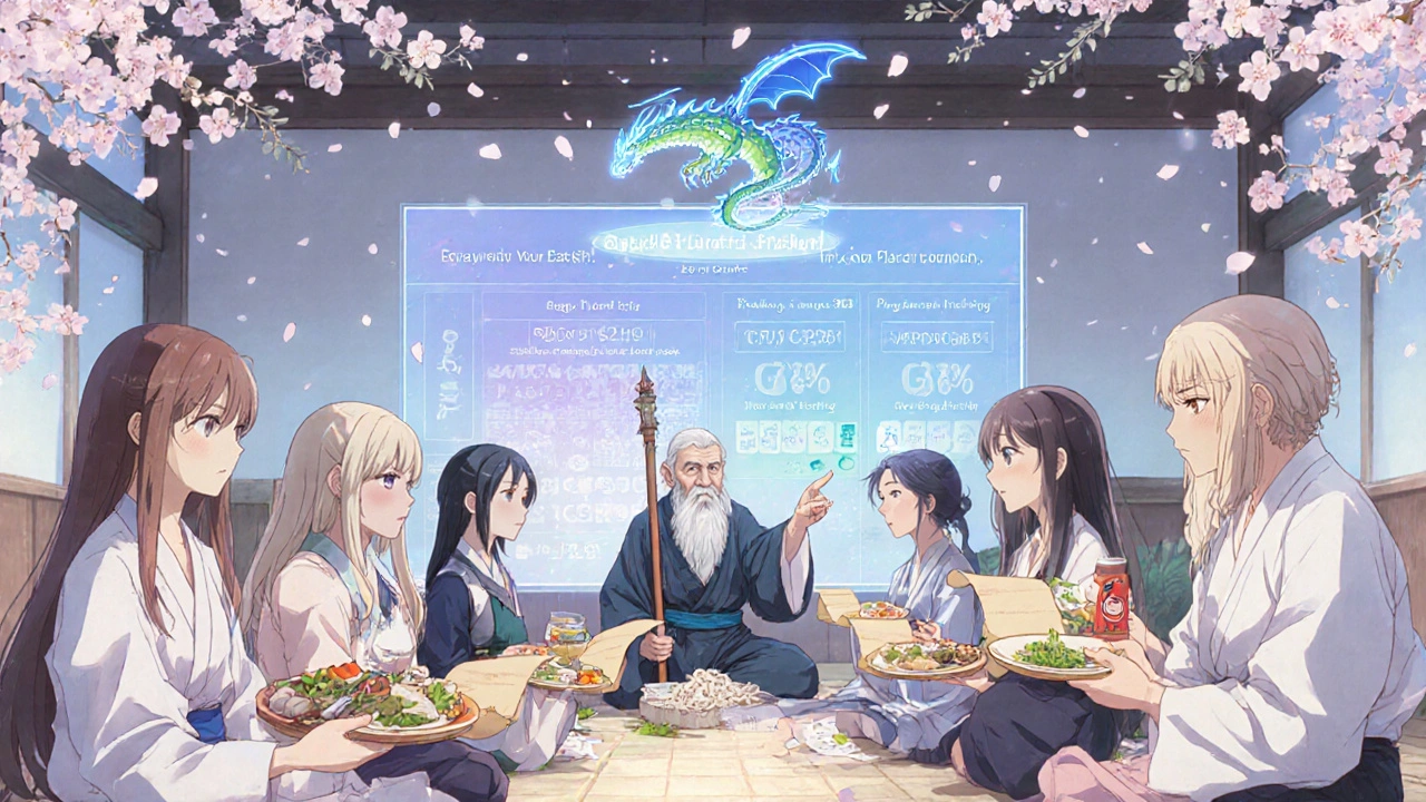 Anime characters practicing mindful eating in a dojo with holographic gut health chart.