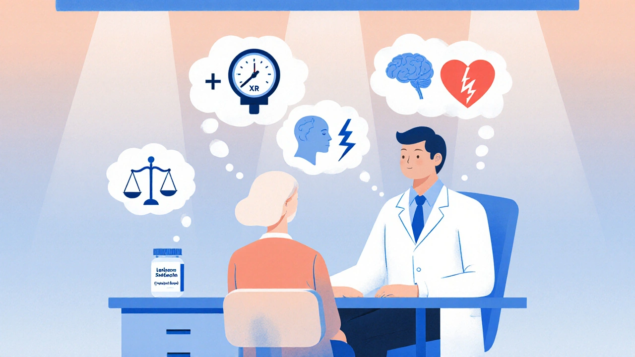 Arzt berät Patienten, umgeben von Symbolen für Blutdruck, Schlaf und Gewicht, mit Pillen‑Icons verschiedener Antidepressiva.