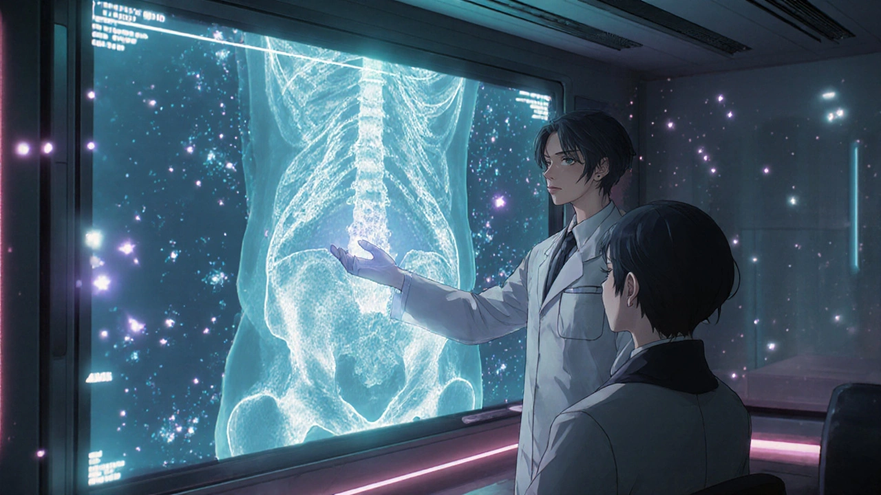 Doctor nutzt holographischen DXA‑Scan, zeigt vergrößerte Knochen mit leuchtenden Zellen.