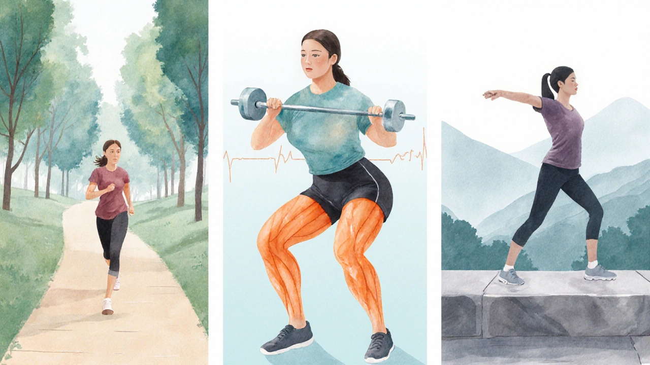 Drei Trainingsszenen: zügiges Gehen, Kniebeugen und Tai‑Chi‑Übung, energisch.