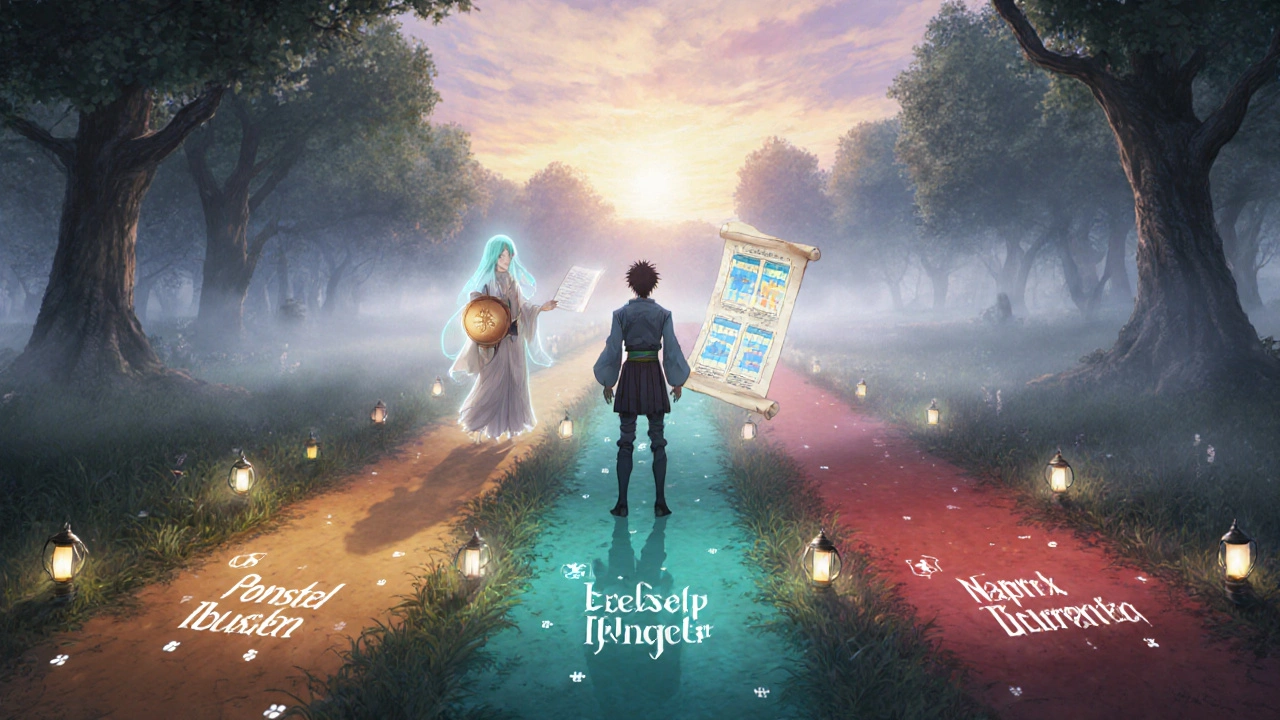 Entscheidungskreuzweg im verzauberten Wald, drei leuchtende Pfade für verschiedene Schmerzmitteloptionen.