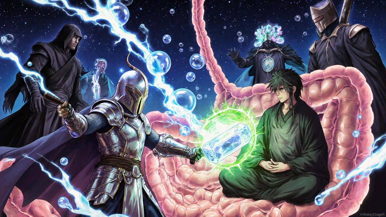 Fantasy battlefield inside intestines with five remedy warriors battling gas bubbles.