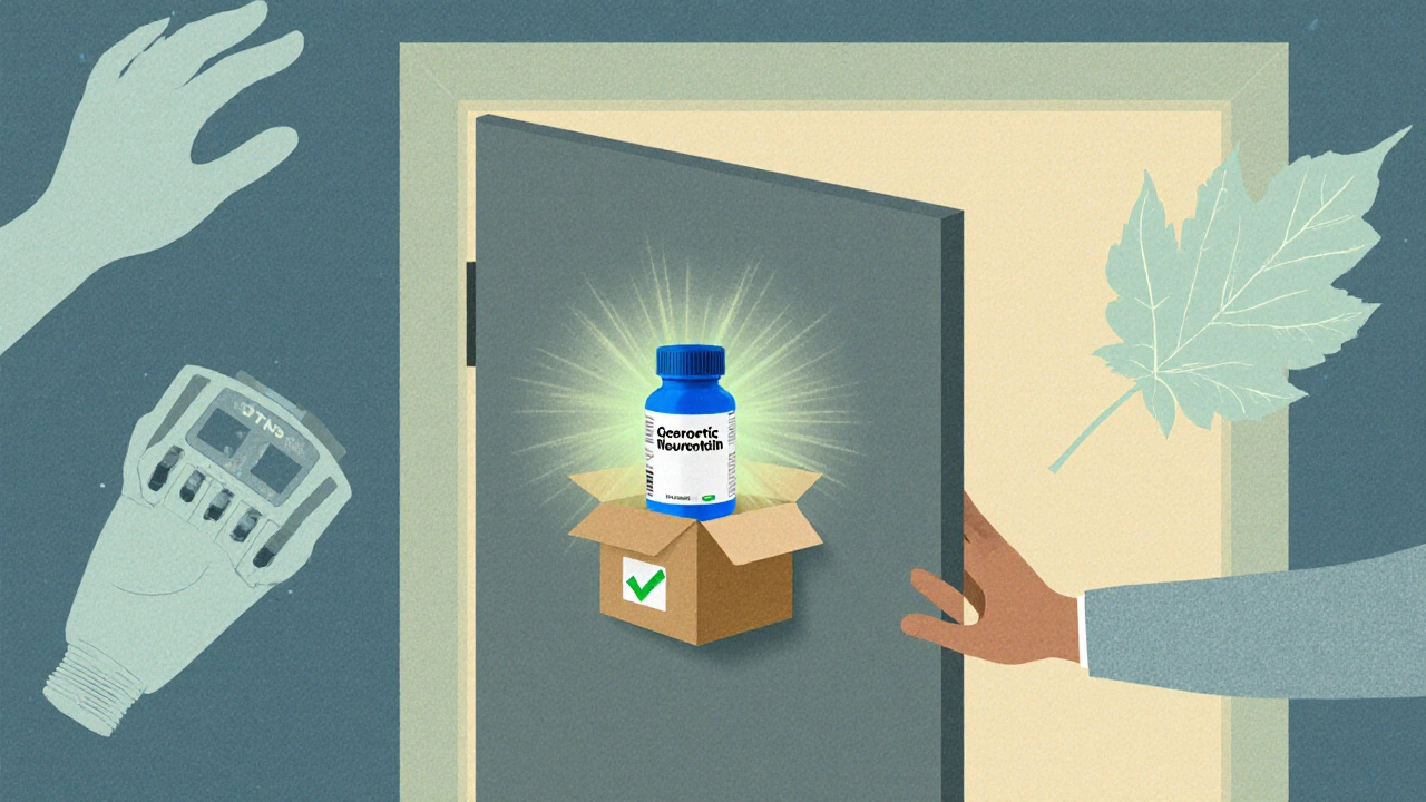 Hand greift Paket an der Tür, im Inneren leuchtet eine blaue Flasche generisches Neurontin.