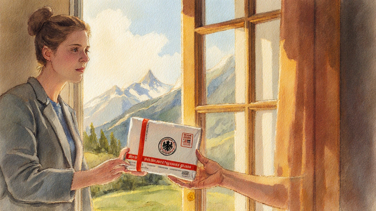 Hand reicht ein versiegeltes Paket mit Apotheken‑Siegel an den Empfänger.