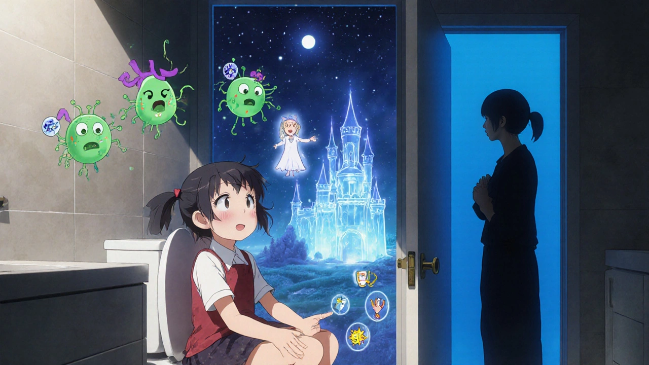 Kind sitzt im Bad, umgeben von schemenhaften Bakterien, während Eltern besorgt zusehen.