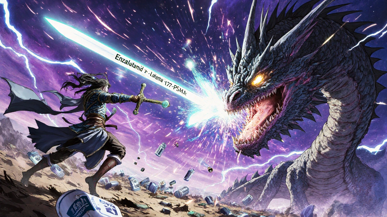 Krieger mit Enzalutamid- und Lutetium-Schwert kämpft gegen Tumordrachen mit Knochenmetastasen.