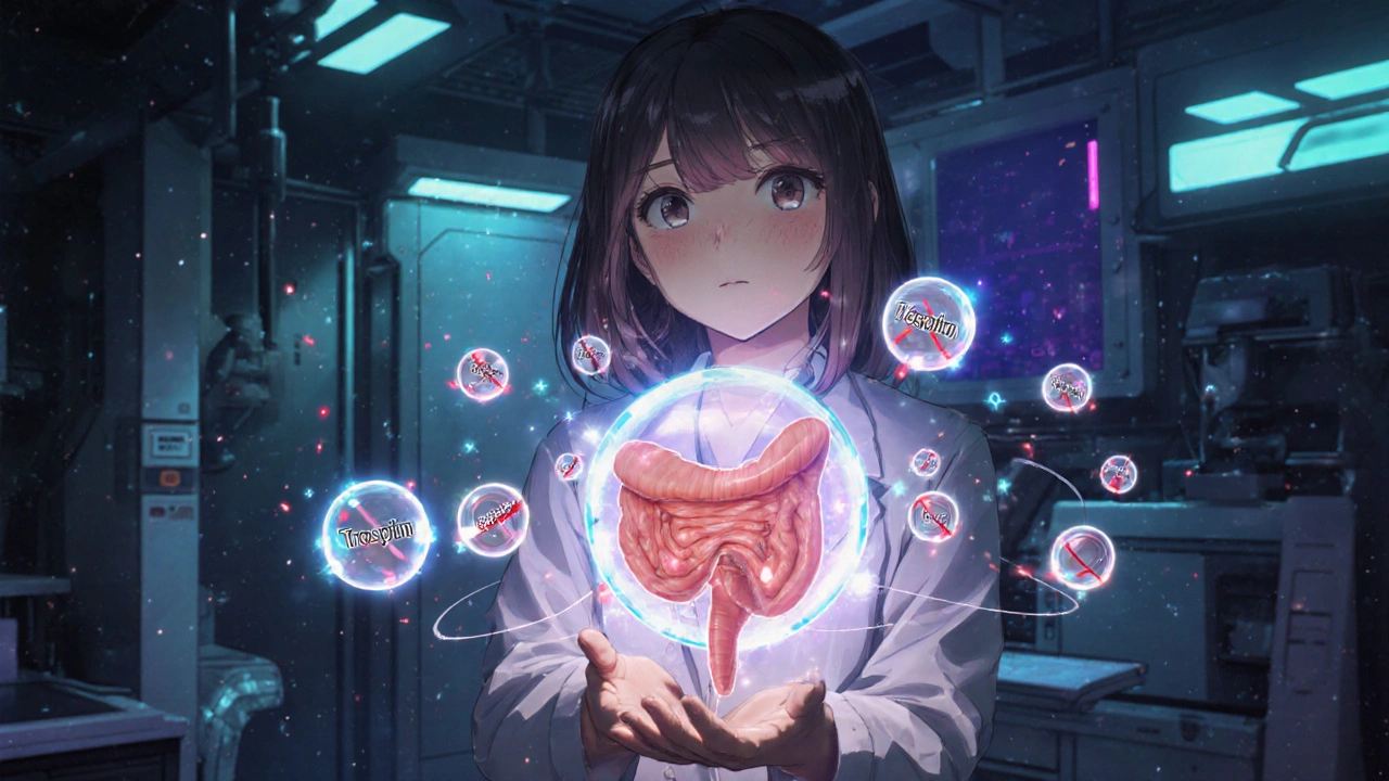 Labor mit holographischer Blase, Trospium‑Orbs blockieren leuchtende Acetylcholin‑Teilchen.