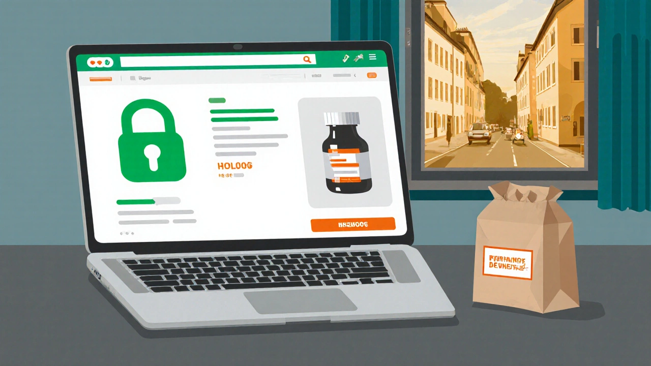 Laptop zeigt sichere Online‑Apotheken‑Webseite, neben einem Lieferpaket im Wohnzimmer.