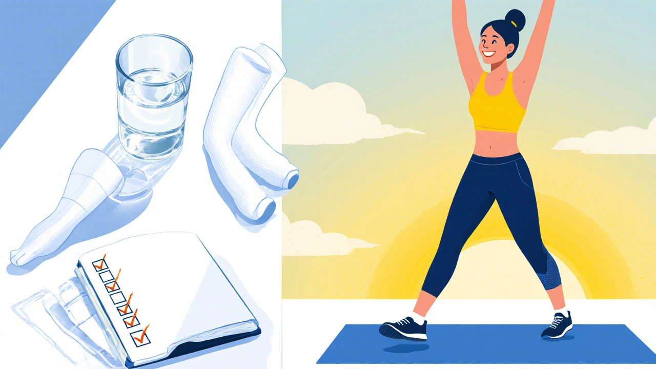 Morgendliche Routine mit Wasserglas, Kompressionsstrümpfen und Trainingsplan, entspannte Stimmung.