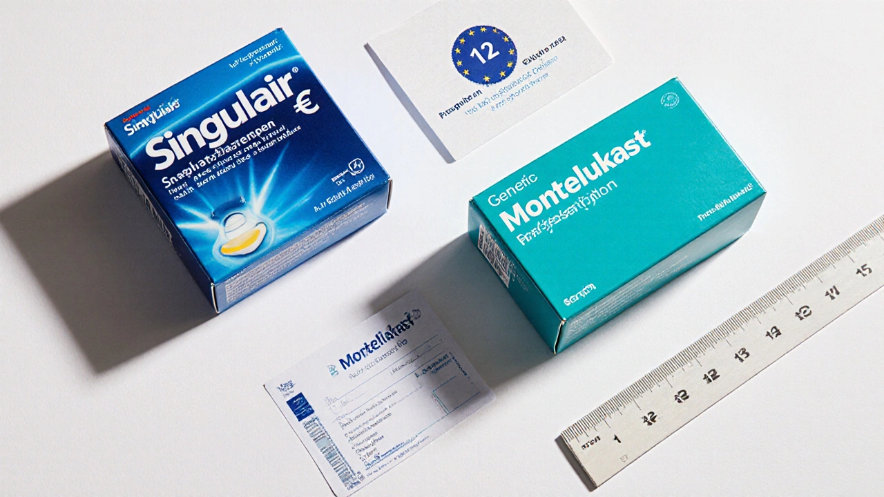 Nebeneinanderstellung von Marken‑Singulair (€45) und generischem Montelukast (€12) mit Preis‑Tags.