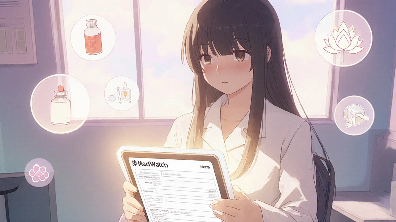 Patient füllt ein glänzendes Tablet aus, umgeben von schwebenden Medizin‑ und Geräte‑Symbolen.