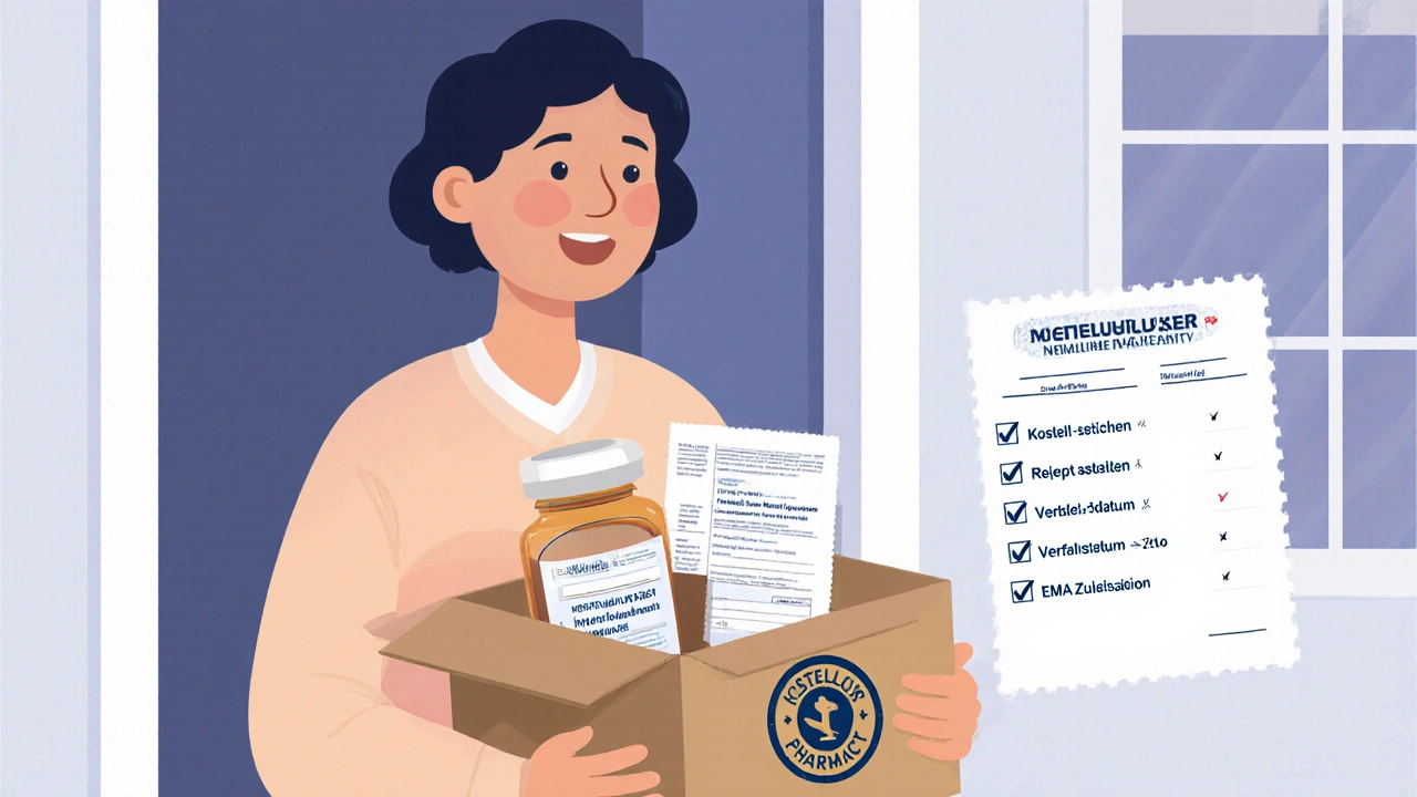 Patient öffnet Lieferpaket mit generischem Montelukast, Checkliste für Sicherheit sichtbar.