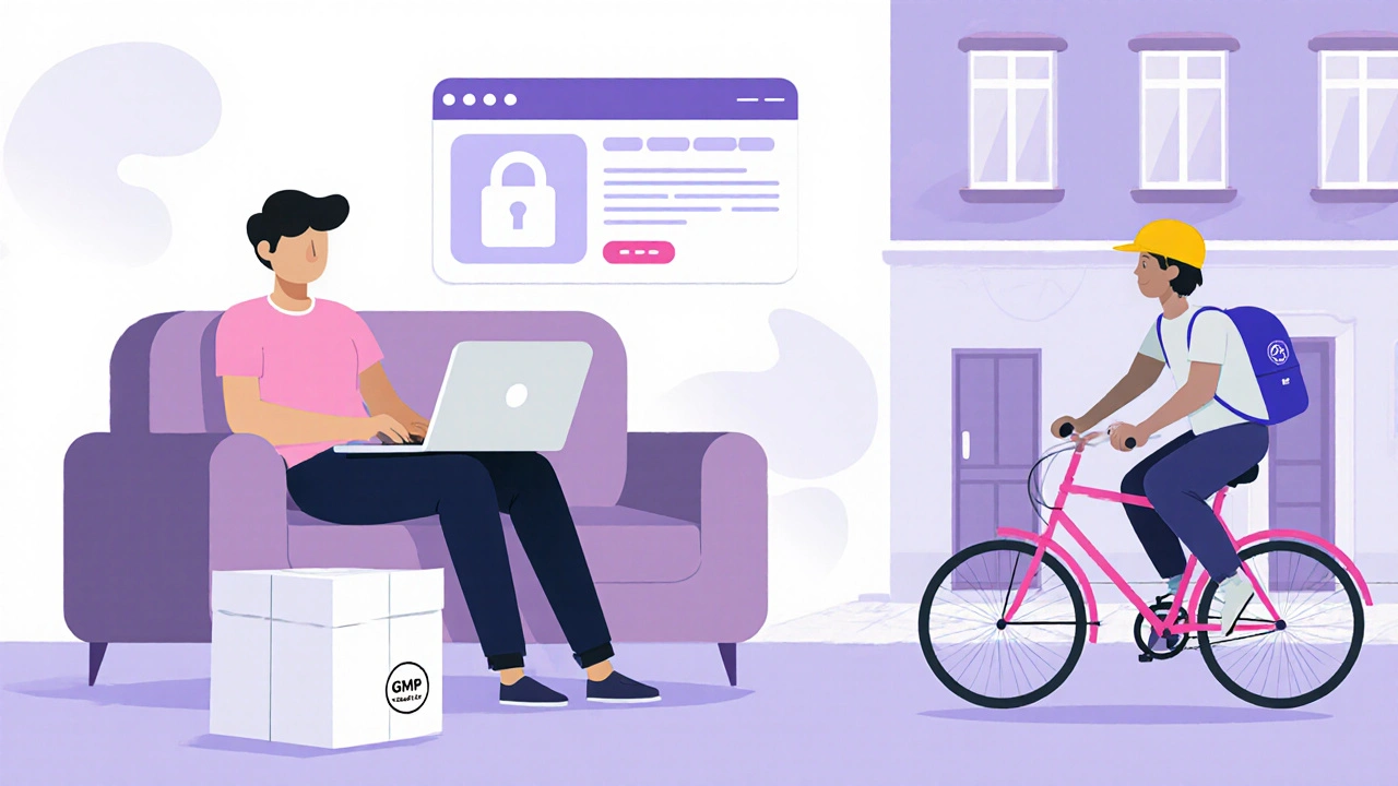 Person bestellt online von Sofa aus, Paket wird diskret zugestellt.