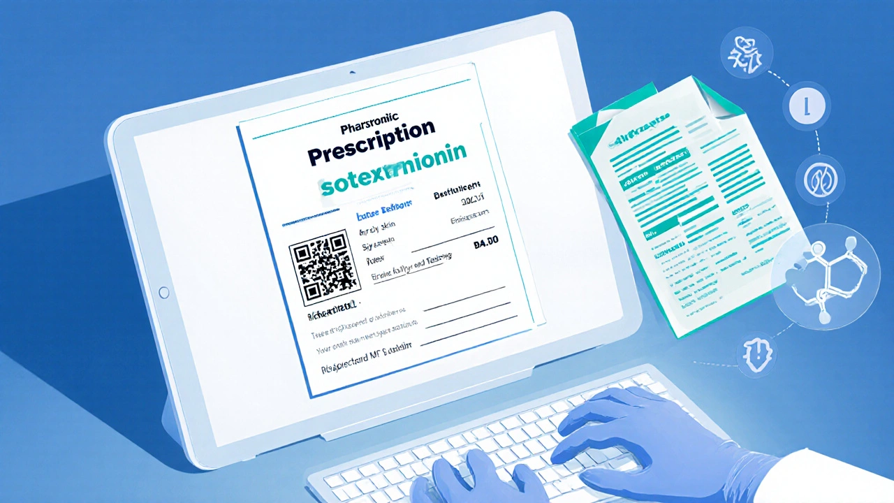 Pharmazeutische Illustration zeigt e‑Rezept und Isotretinoin‑Molekül.