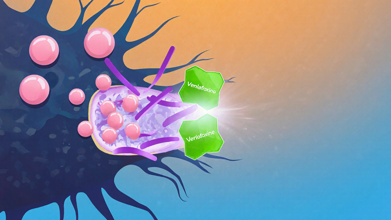 Schematische Darstellung einer Synapse, in der Venlafaxin Serotonin‑ und Noradrenalin‑Wiederaufnahme blockiert.