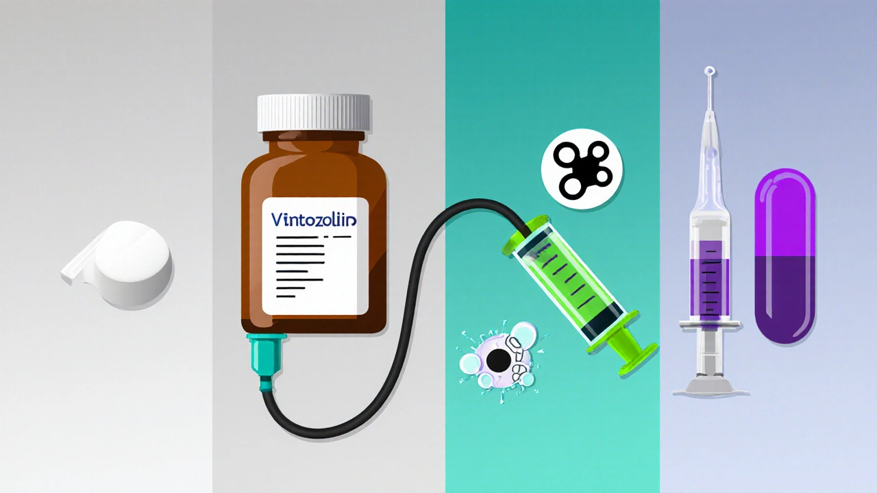 Vier Antibiotika als Pillen‑ und Infusionssymbole mit Mechanismus‑Icons.