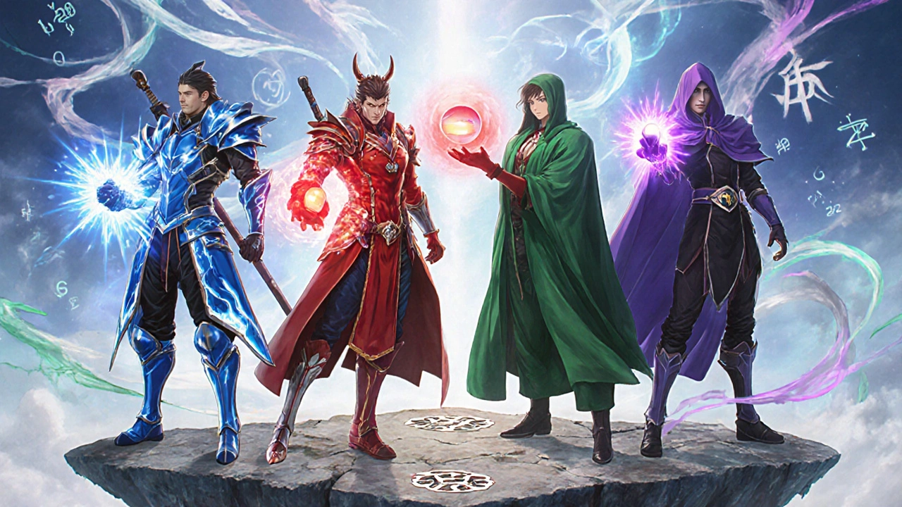 Vier Helden mit leuchtenden Aura‑Tabellen repräsentieren Vardenafil, Sildenafil, Tadalafil und Avanafil.