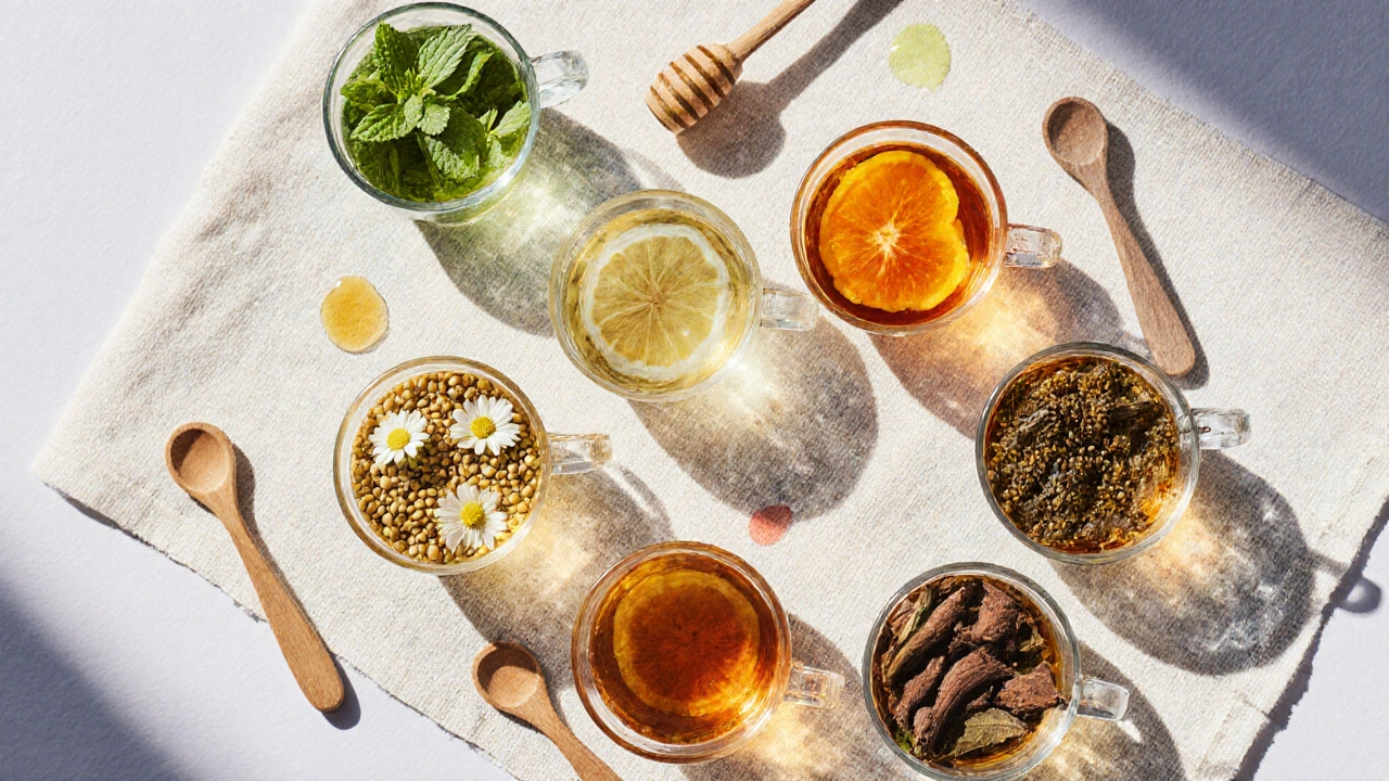 Wasserflasche mit sechs Teesorten und Kräutern im Wasserfleisch.