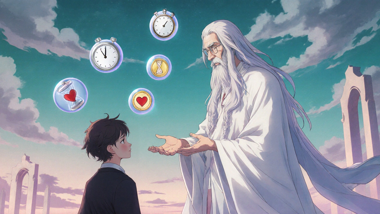 Weiser Magier zeigt schwebende Symbole für Schnelligkeit, Dauer, Kosten und Gesundheit.