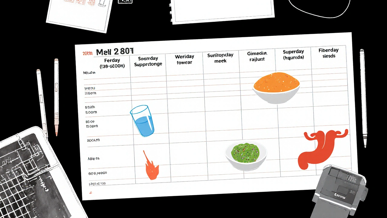 Wochenplan‑Kalender mit Symbolen für Tablette, Wasser, Ballaststoffe und Zäpfchen.