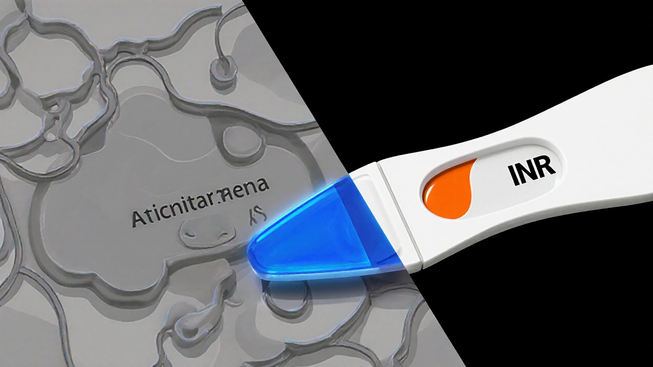 Zweiteilige Grafik: DOAC‑Faktor‑Xa‑Blockade in Blau, Warfarin‑INR‑Test in Orange.
