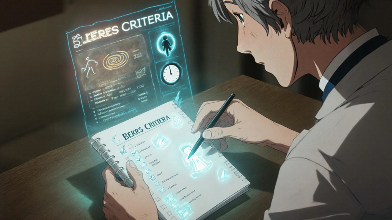 Ältere Frau reicht Arzt Notizbuch mit Symptom-Symbolen, die zu Checkmarks werden.