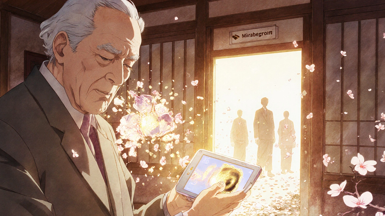 Älterer Mann misst mit Ultraschallgerät seinen Restharn, sanftes Licht und aufsteigende Blüten symbolisieren Sicherheit.