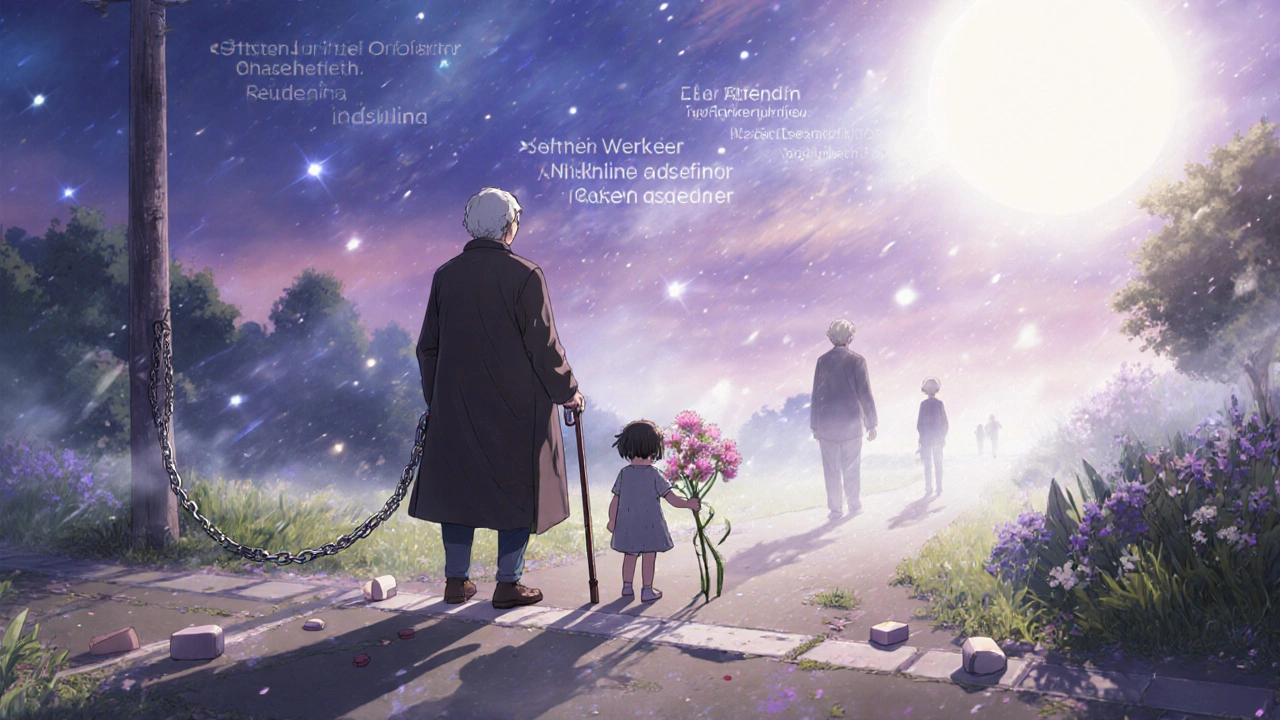 Älterer Mensch steht an Kreuzweg: eine Seite mit schweren Pillen, andere mit blühendem Garten.