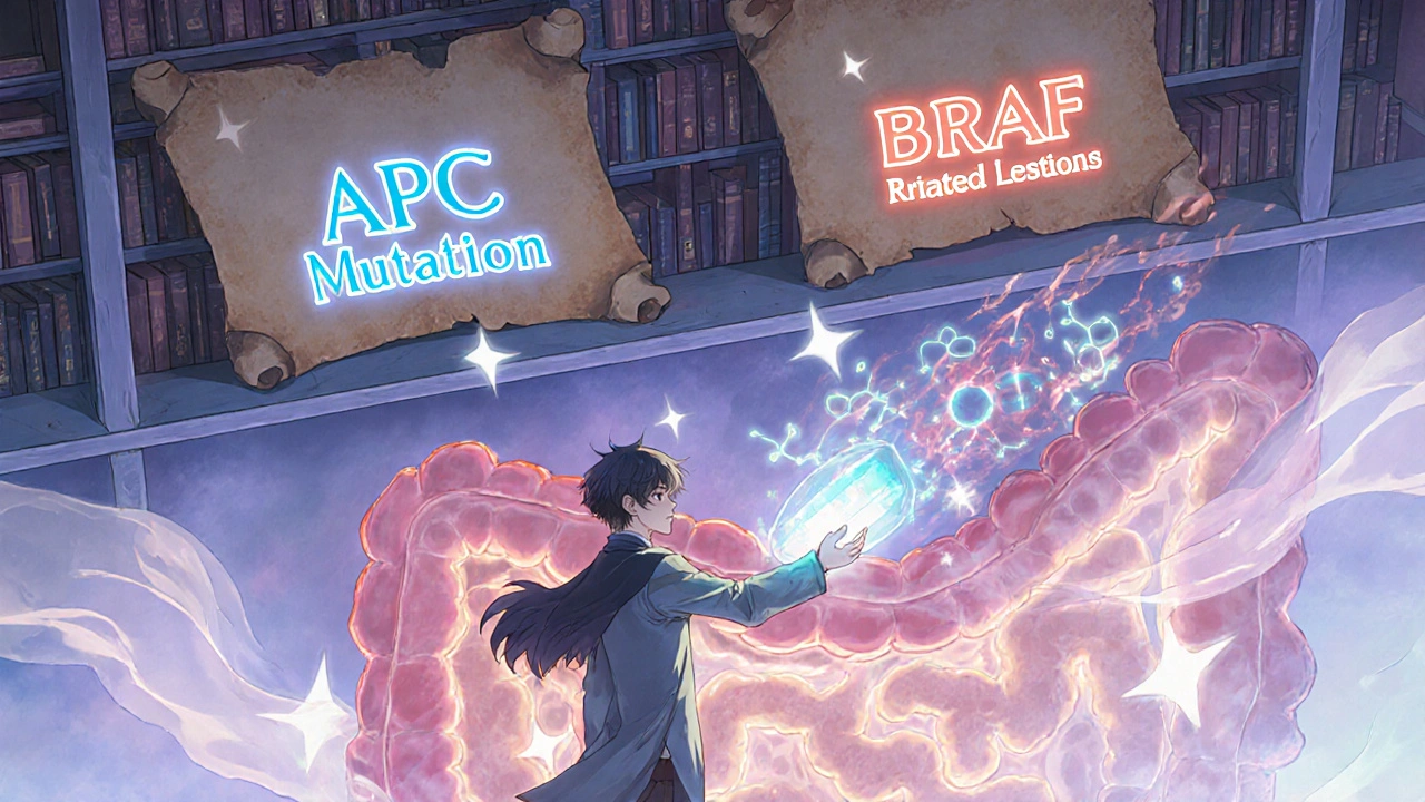 Anime-Stil: Protagonist hält einen Stuhl-Test, der molekulare Mutationen als leuchtende Wege projiziert.