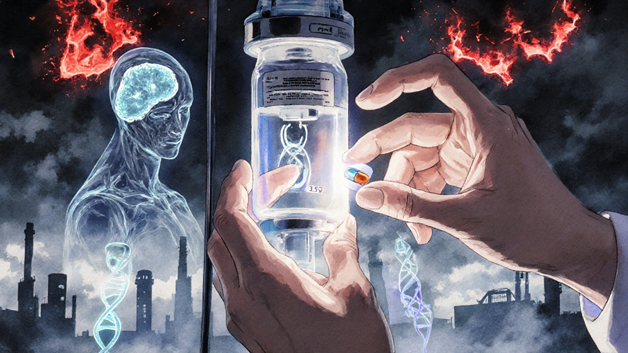 Apotheker legt ein Generikum in eine Infusionspumpe, während genetische Daten und Lieferengpässe als Geister erscheinen.