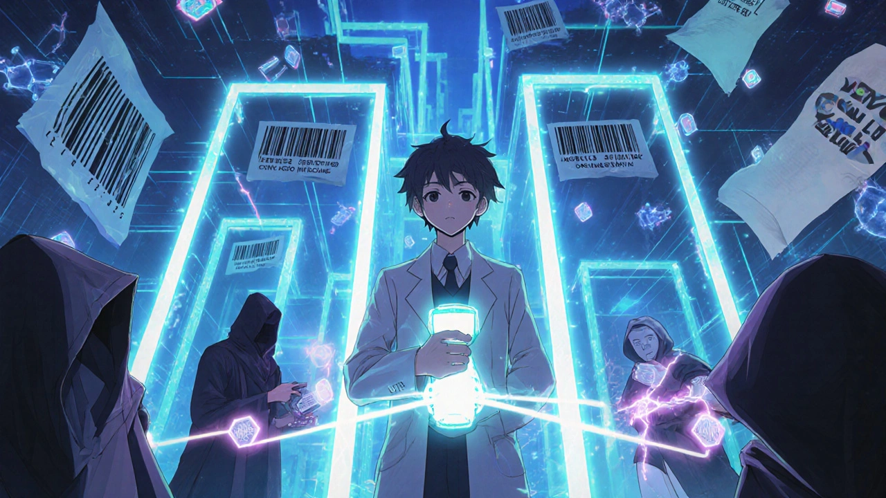 Apotheker steht in einem magischen Lieferketten-Labyrinth, das echte von falschen Anbietern trennt.