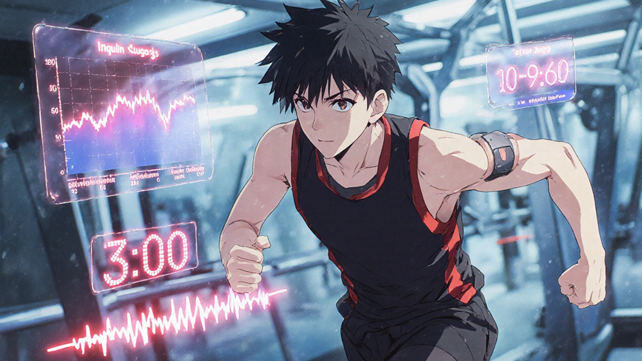 Athletin macht HIIT-Training, holographische Blutzuckerwerte schweben um sie, Insulinpumpe pulsiert mit dem Herzschlag.