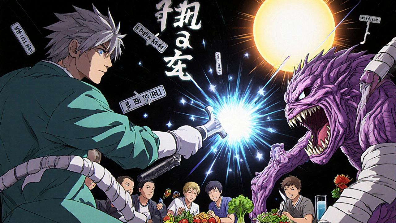 Chirurg kämpft gegen ein monströses, thrombosiertes Hämorrhoidenwesen mit einem Lichtskalpell in einer medizinischen Isekai-Szene.