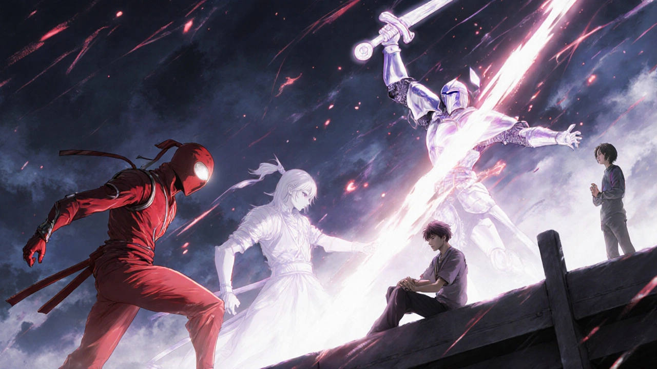 Drei antihistaminische Wesen kämpfen in einer magischen Landschaft, symbolisch für ihre Wirkung und Nebenwirkungen.