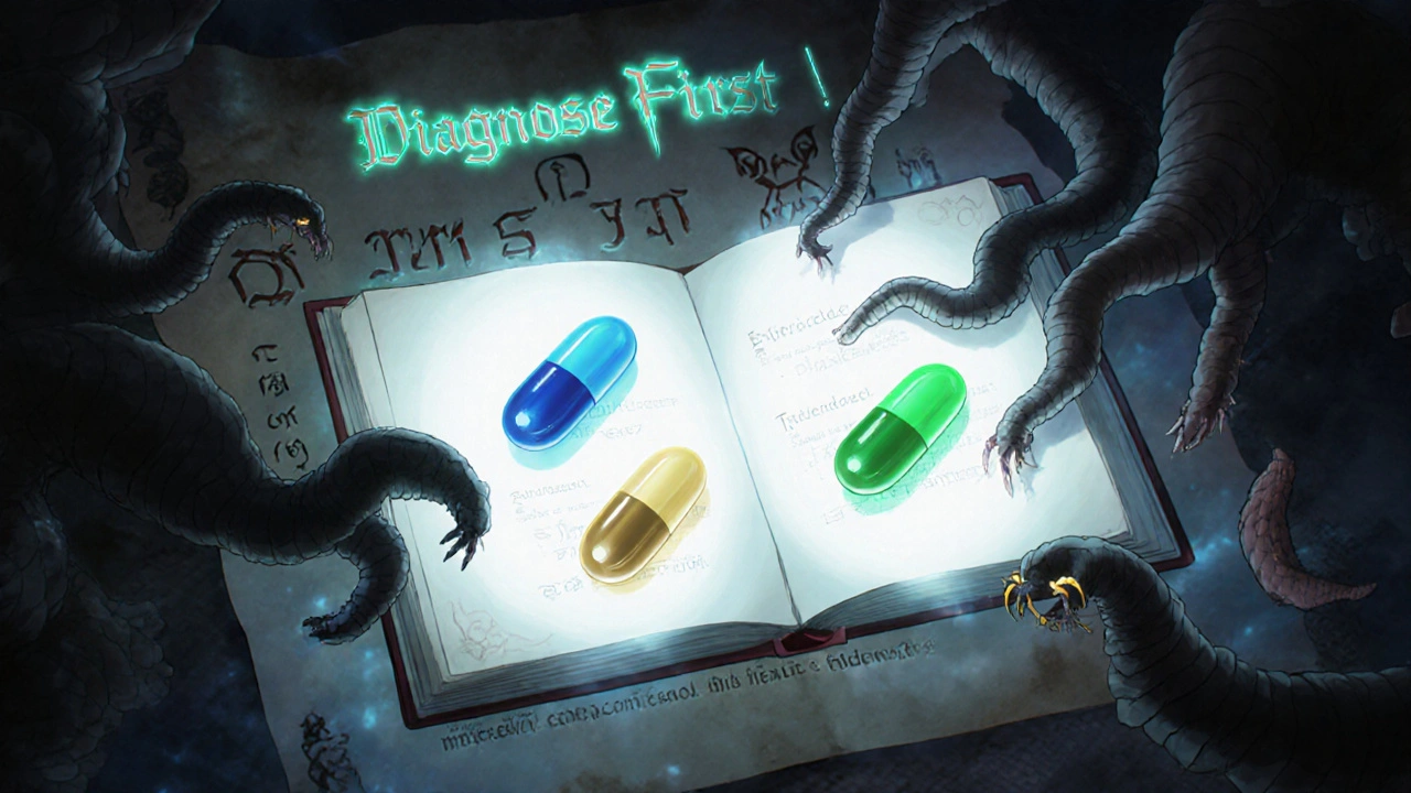 Drei magische Pillen mit unterschiedlichen Lichtfarben, die gegen Würmer kämpfen, in einer geheimen medizinischen Bibliothek, Anime-Stil.