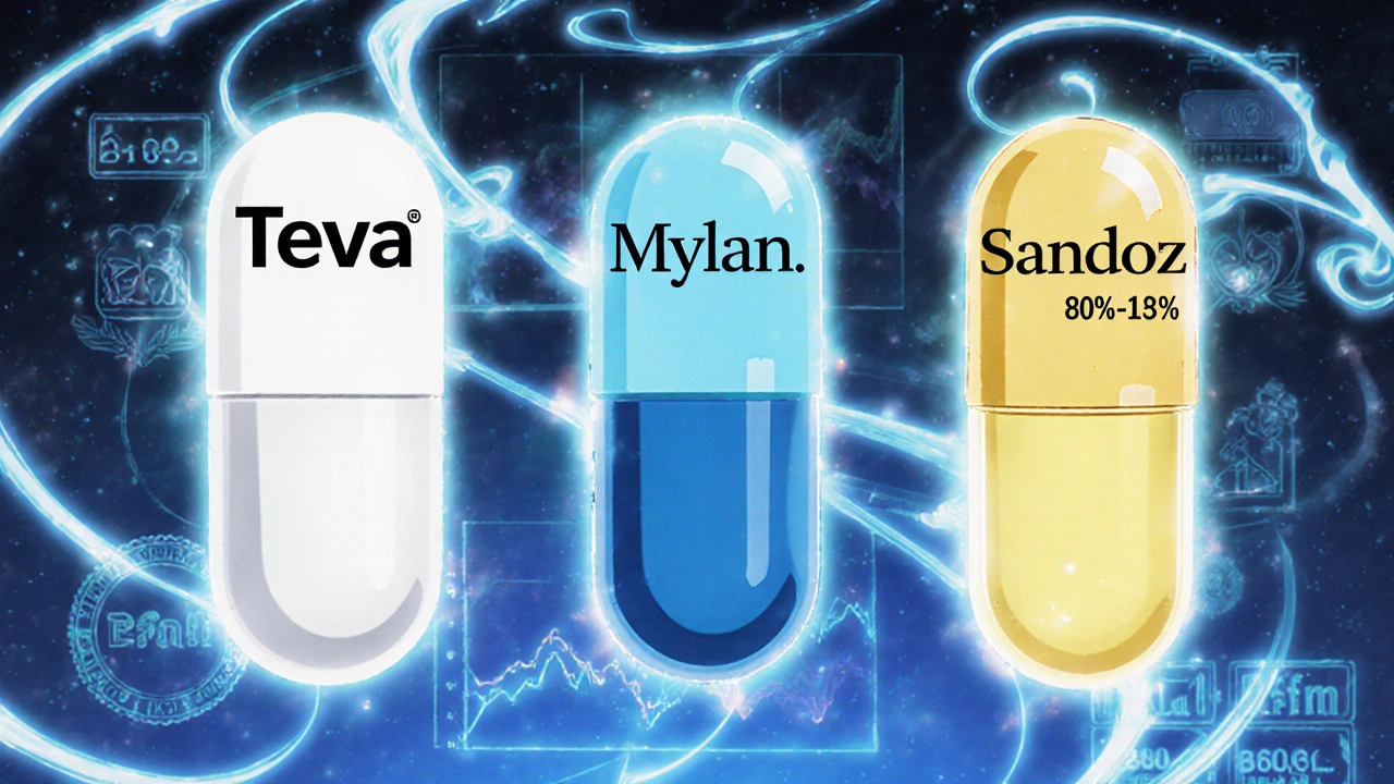 Drei verschiedene Generika-Pillen mit leuchtenden Herstellerbezeichnungen, umgeben von bioäquivalenten Datenströmen.