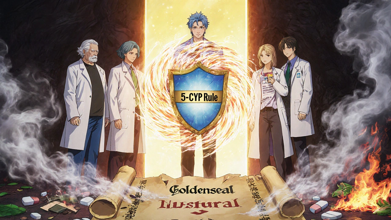 Ein Apotheker blockiert mit einem Schild die magische Goldenseal-Wolke, während Patienten hinter einem Schutzwall aus Rezepten sicher stehen.