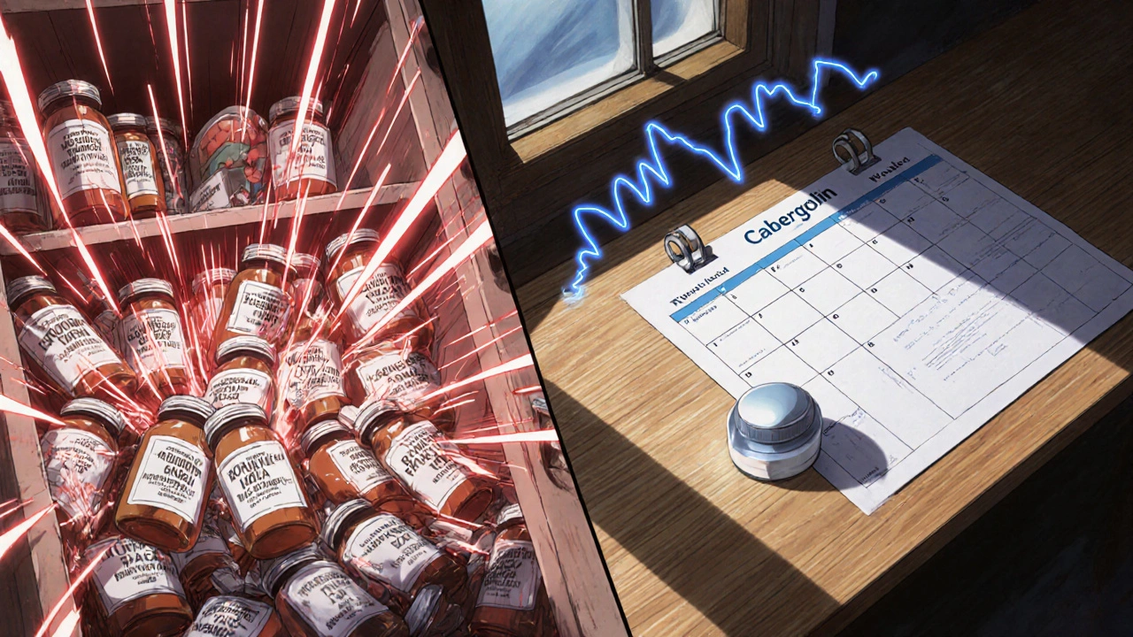 Ein einzelnes Cabergolin-Pillenpäckchen neben einem Kalender mit nur zwei Markierungen, während andere Medikamente explodieren.