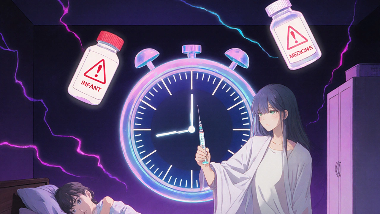 Ein Elternteil hält eine Spritze mit Medikament, während zwei Flaschen mit Warnsymbolen schweben, ein Kind schläft im Hintergrund.