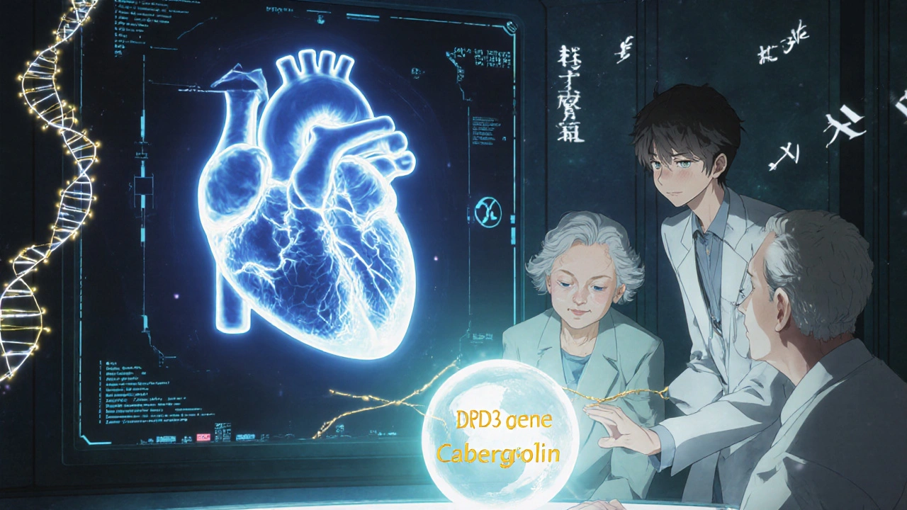 Ein holografisches Herz wird untersucht, während DNA-Stränge und eine Dopamin-Molekül-Kugel schweben.