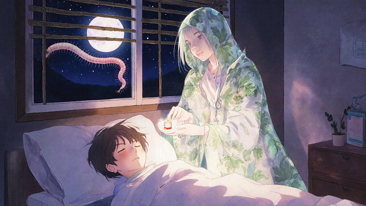 Ein Kind schläft, während ein Heiler-Geist Albendazol neben es legt, Mondlicht und auflösende Würmer, Anime-Stil.