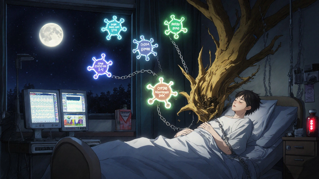 Ein Patient im Krankenhaus, über dem eine goldene Wurzel fünf leuchtende Enzyme zerquetscht, während Medikamentenflaschen rot aufleuchten.