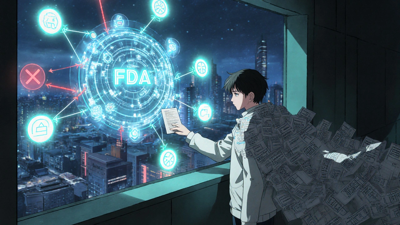 Ein Patient sendet eine digitale Meldung an eine holographische FDA-Oberfläche in einer digitalen Welt.