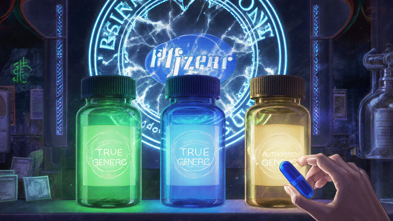 Eine Apotheke mit drei Pilleflaschen unterschiedlicher Aura: echtes Generikum, autorisiertes Generikum und Markenprodukt.