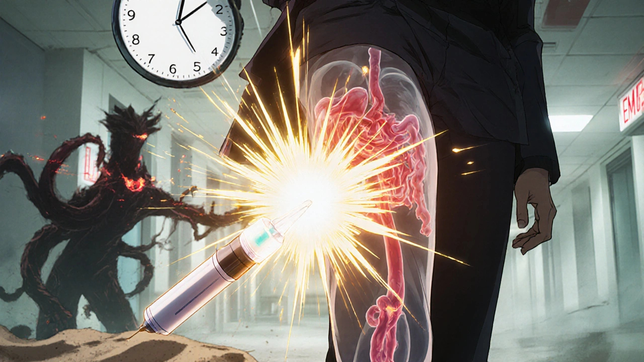 EpiPen-Spritze mit goldener Energie, Organe leuchten, Zeit schmilzt, Schatten der Verzögerung.