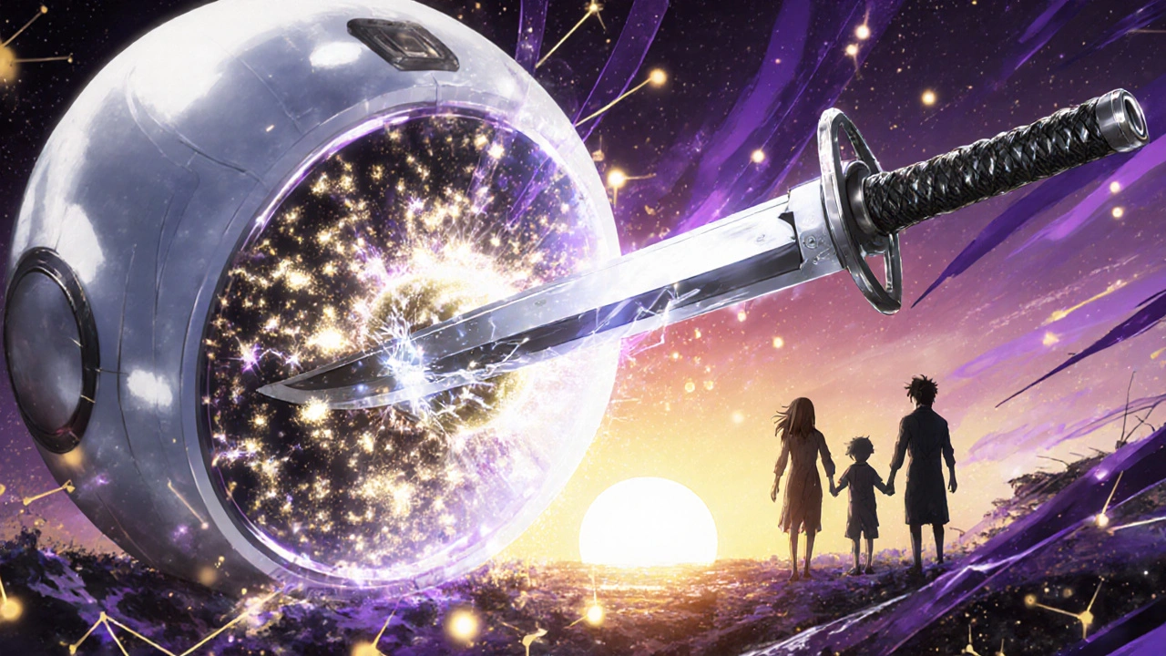 Futuristische Therapie mit Schwert, das das Lp(a)-Gen zerstört, während Familie im Sonnenlicht steht.