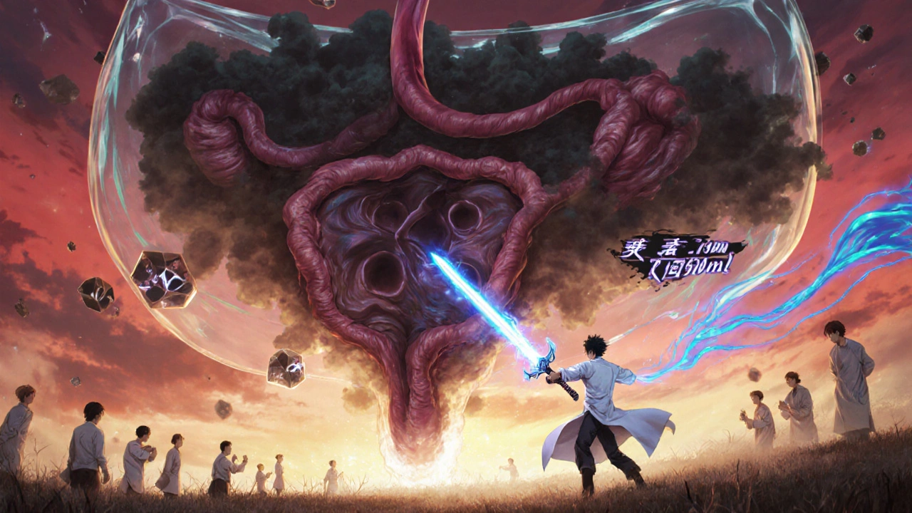 Gigantische Blase als Kampfbühne, Held mit Schwert besiegt dunkle Chemikalien, M3-Rezeptoren leuchten blau.