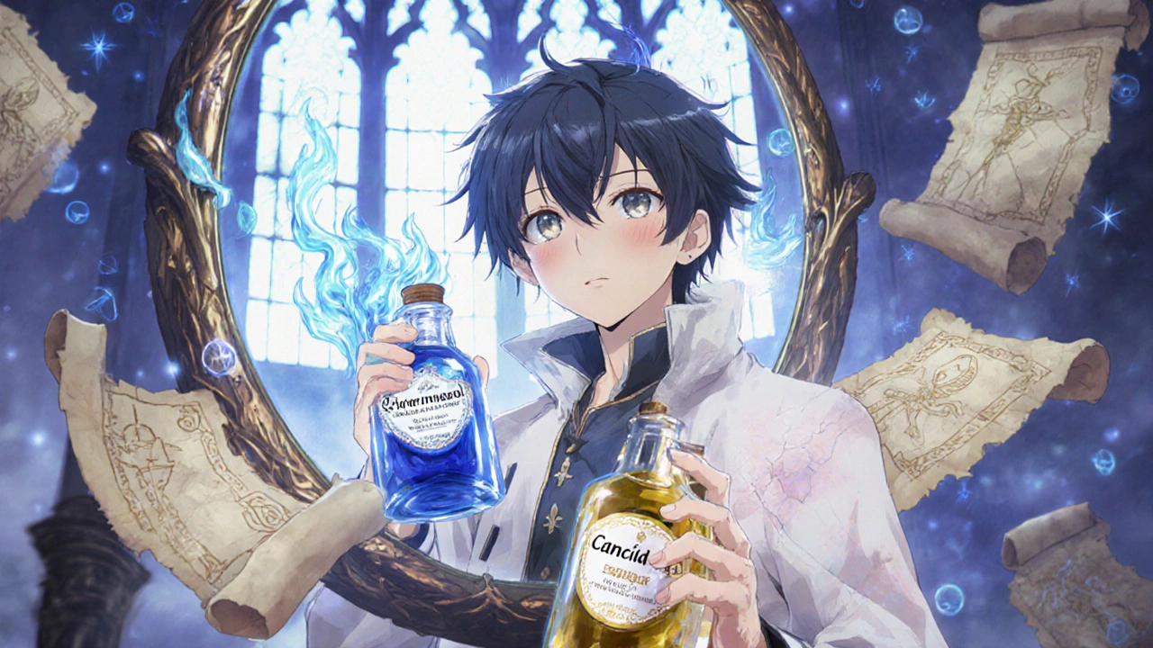 Junge hält zwei Cremes, spiegelt gesunde und beschädigte Haut in einem magischen Spiegel.